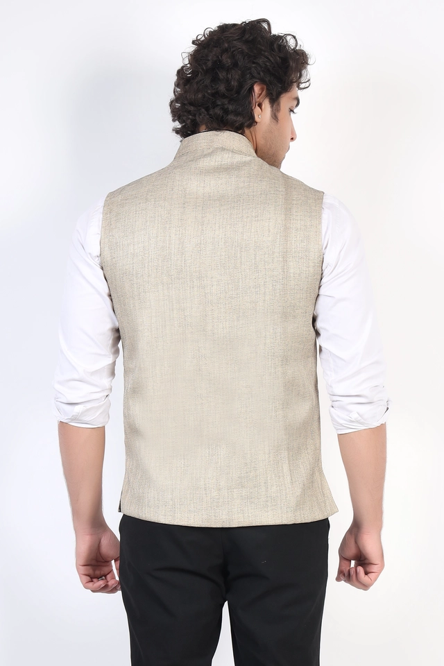 Jute Khadi Solid Waistcoat for Men (Gold, M)