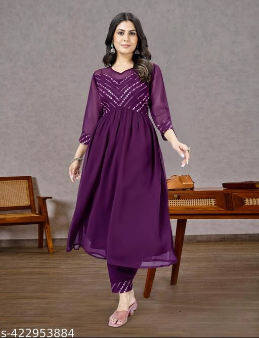 Georgette Embroidered Anarkali Kurti with Pant for Women (Purple, S)