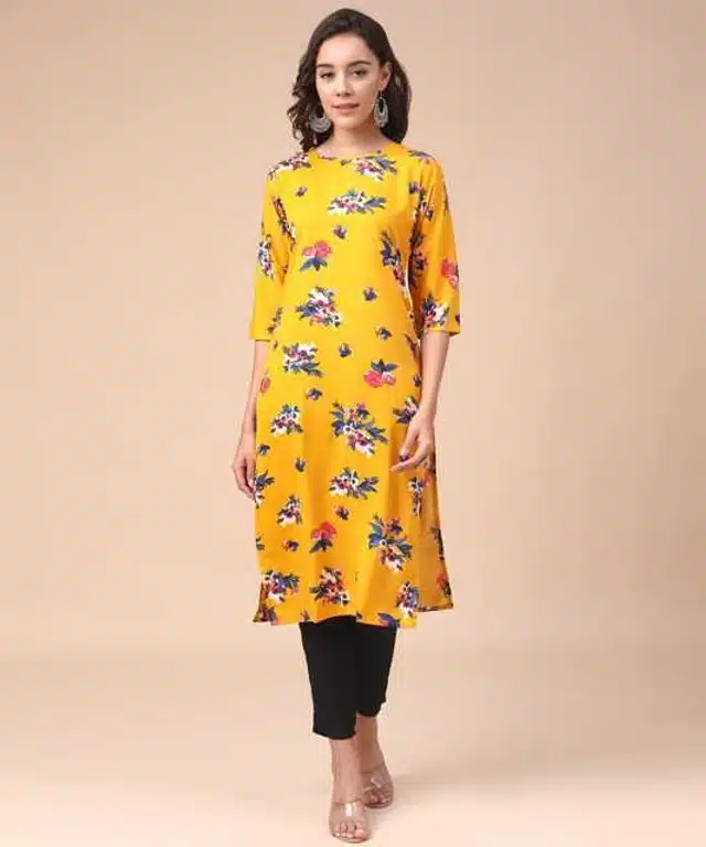 Women Crepe Printed Kurta (Yellow, L) (SD-623)