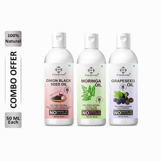 Puriflame Pure Onion Black Seed Oil (50 ml), Moringa Oil (50 ml) & Grapeseed Oil ( 50 ml) Combo for Rapid Hair Growth (Pack Of 3) (B-12767)