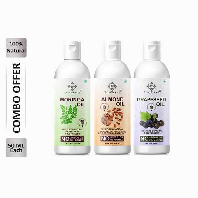 Puriflame Pure Moringa Oil (50 ml), Almond Oil (50 ml) & Grapeseed Oil (50 ml) Combo for Rapid Hair Growth (Pack Of 3) (B-11678)