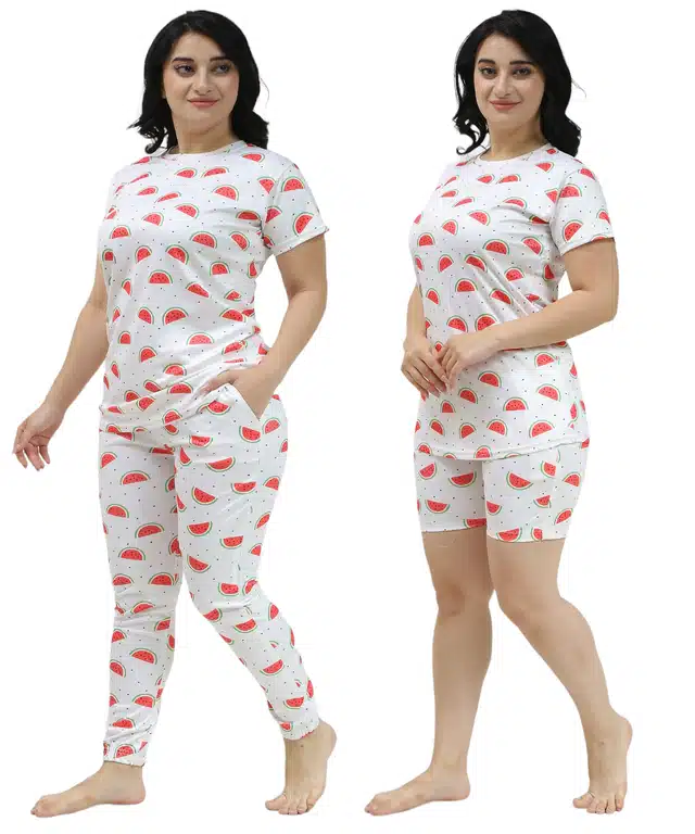 Polyester Printed T-Shirt with Trouser & Shorts Nightsuit Set for Women (White, S)