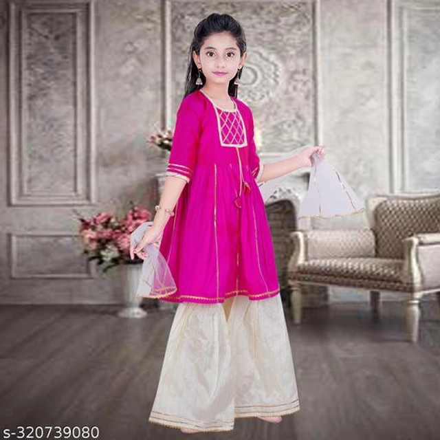 Dupion Silk Kurta Sets for Girls (Pink & White, 2-3 Years)