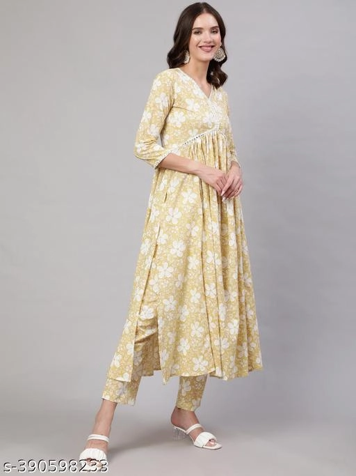 Mulmul Printed Anarkali Kurti with Pant & Dupatta for Women (Yellow, S)