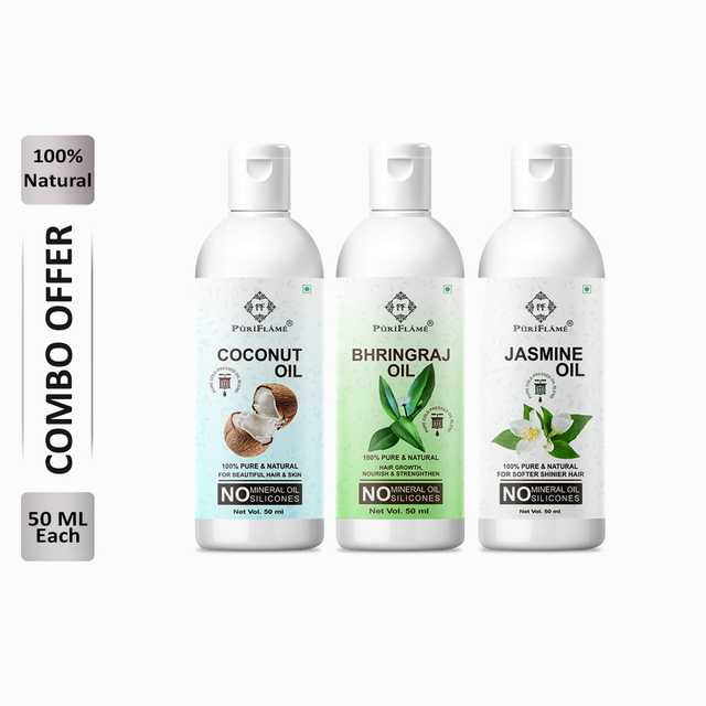 Puriflame Pure Coconut Oil (50 ml), Bhringraj Oil (50 ml) & Jasmine Oil (50 ml) Combo for Rapid Hair Growth (Pack of 3) (B-10182)