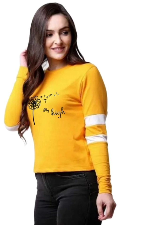 Round Neck Full Sleeves Printed T-Shirt for Women (Yellow, S)