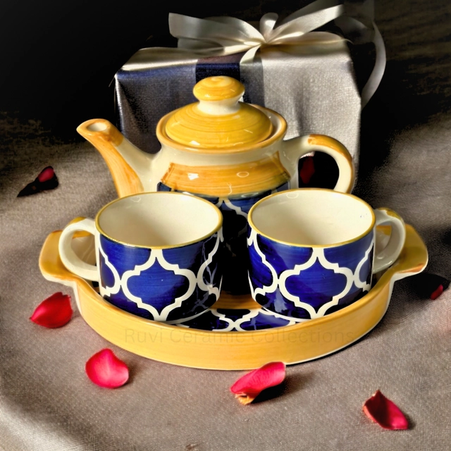 Ceramic Tea Kettle Set with 2 Pcs Cups (2x180 ml) (Yellow & Blue, Set of 1)