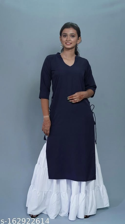 Crepe Solid Kurti with Palazzo for Women (Navy Blue & White, XS)