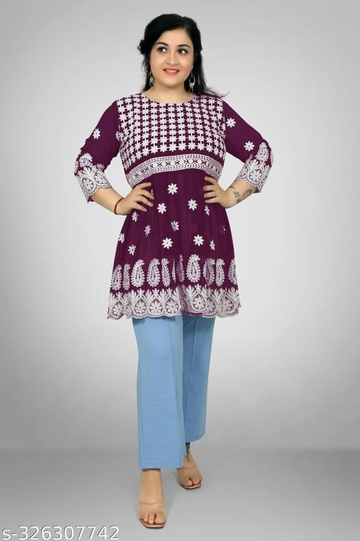 Georgette Chikankari Top for Women (Purple, XL)