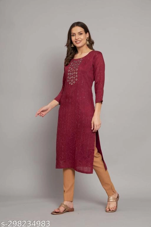 Cotton Embellished Kurti for Women (Maroon, M)