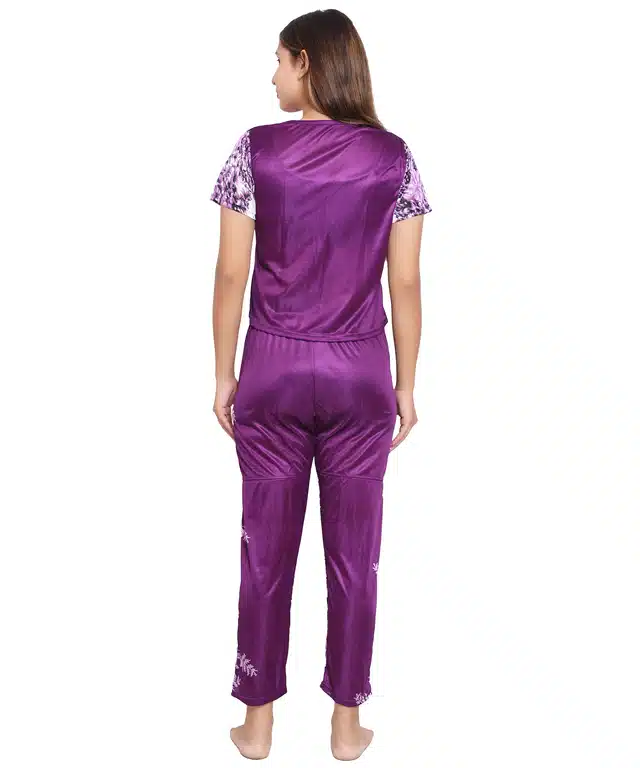 Satin Printed Night Suit for Women (Purple, S)
