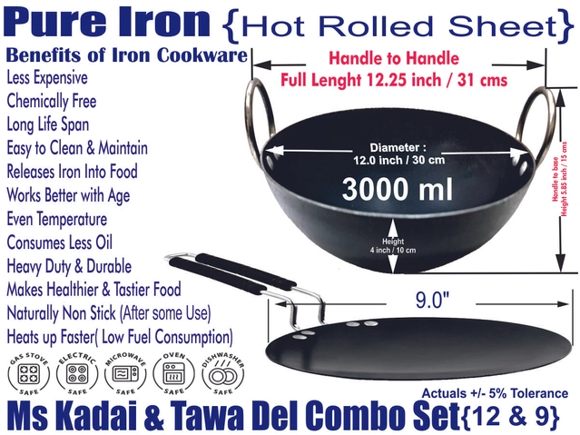 Iron Non Coated Kadai (3 L) with Tawa (Black, Set of 2)