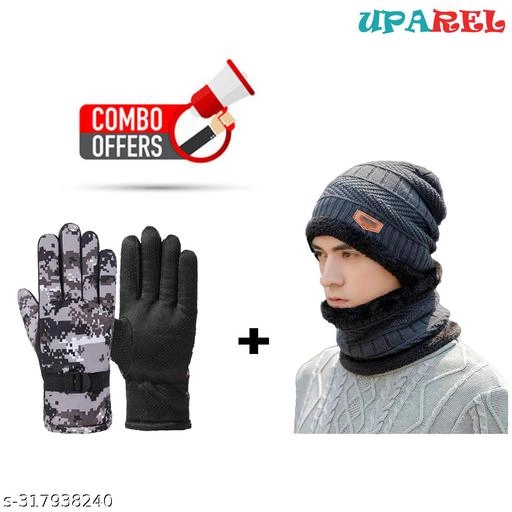 Woolen Cap with Gloves for Men (Multicolor, Set of 2)