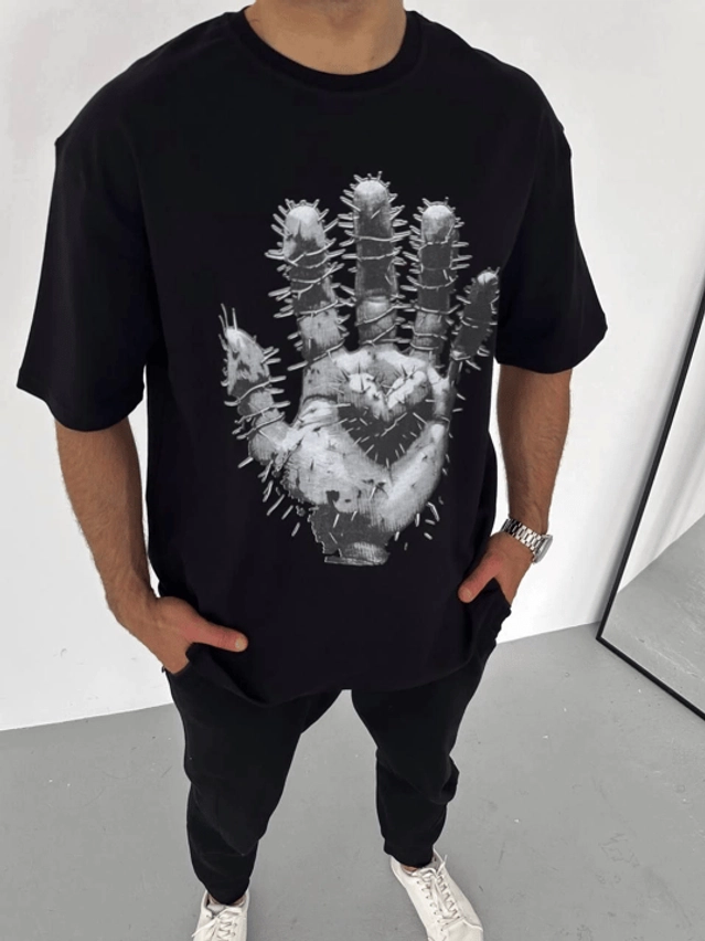 Cotton Round Neck Printed Oversized T-Shirt for Men (Black, M)