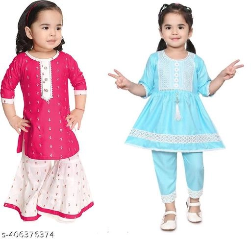 Rayon Kurta Set for Girls (Multicolor, 3-6 Months) (Pack of 2)