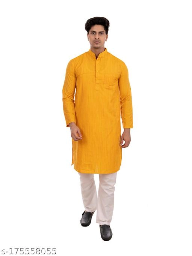 Cotton Blend Kurta for Men (Yellow, M)