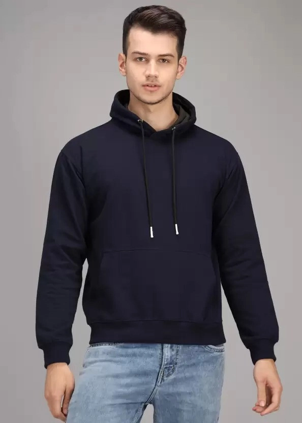 Cotton Blend Solid Hoodie for Men (Blue, M)