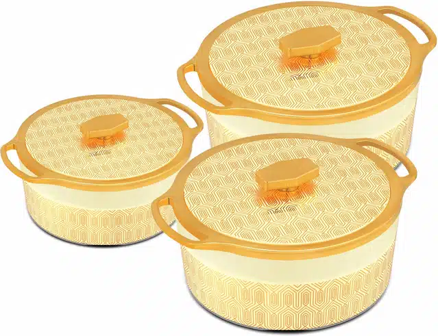Combo of 1000 ml, 1500 ml & 2500 ml Casserole with Lid (Gold & Off White, Pack of 3)