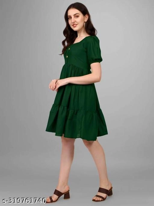 Crepe Solid Dress for Women (Green, S)