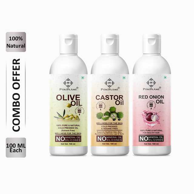 PuriFlame Pure Olive Oil (100 ml) & Castor Oil (100 ml) & Red Onion Oil (100 ml) Combo For Rapid Hair Growth (Pack Of 3) (B-6133)