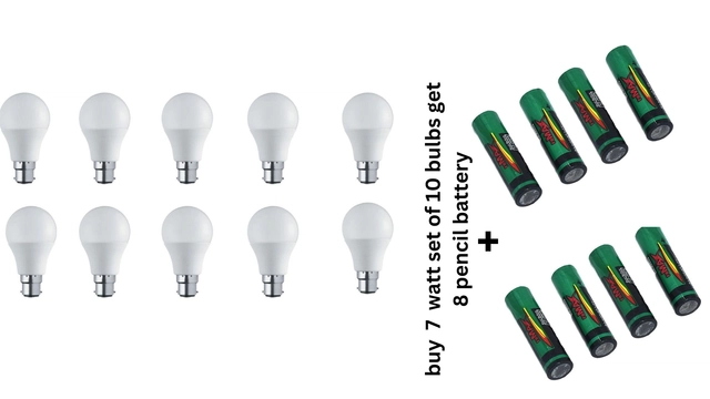 7 W LED Bulbs (10 Pcs) with 8 Pcs Battery (White, Set of 2)