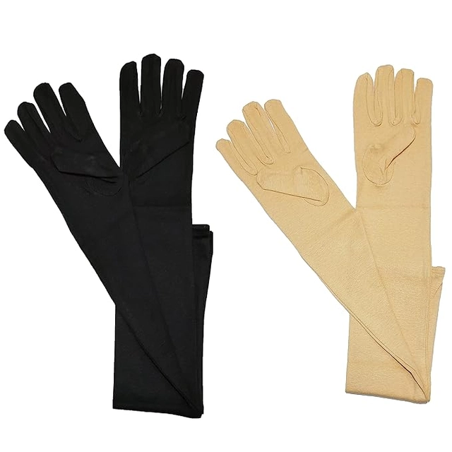 Cotton Solid Full Hand Gloves for Men & Women (Black & Beige, Set of 2)