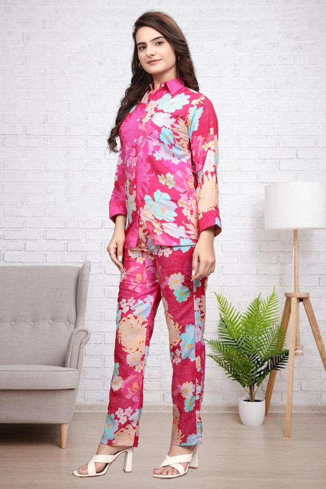 Cotton Blend Printed Co-ord Set for Women (Pink, S)