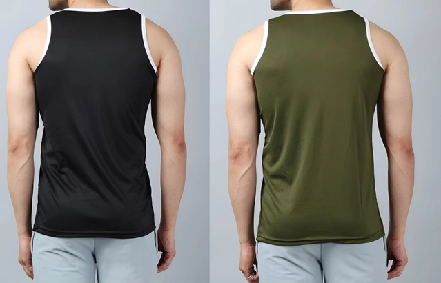 Cotton Blend Printed Gym Vest for Men (Black & Olive, M) (Pack of 2)