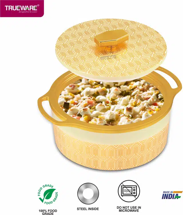 Combo of 1000 ml, 1500 ml & 2500 ml Casserole with Lid (Gold & Off White, Pack of 3)