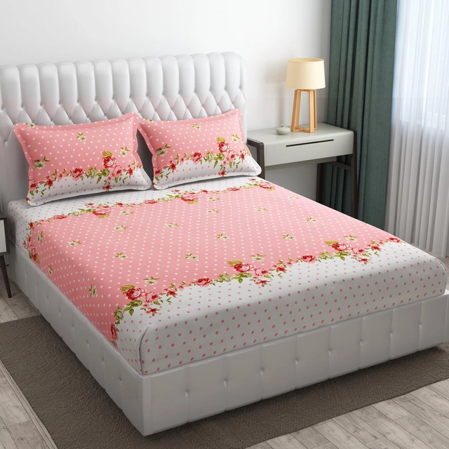 Polycotton Printed Double Size Bedsheet with 2 Pillow Covers (Pink & White, 90x100 inches)