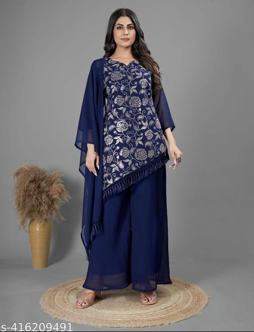 Georgette Embroidered Kurti with Sharara & Dupatta for Women (Navy Blue, S)