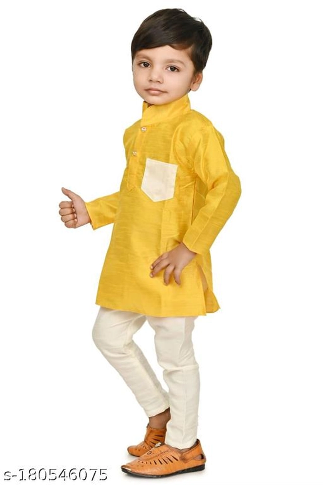 Art Silk Kurta with Pyjama Set for Kids (Yellow & White, 2-3 Years)