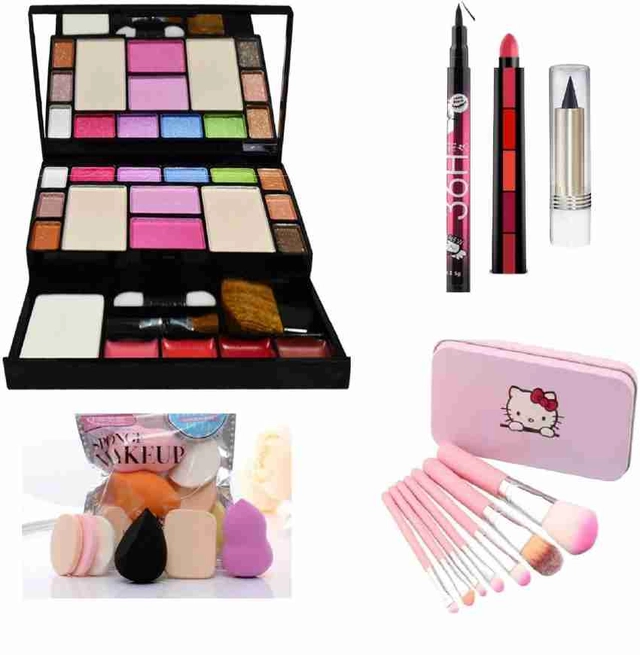 Combo of Eyeshadow Palette, EyeLiner, Kajal, 5-in-1 Mini Lipsticks, 7 Pcs Makeup Brushes & Blenders Set (Multicolor, Set of 6)