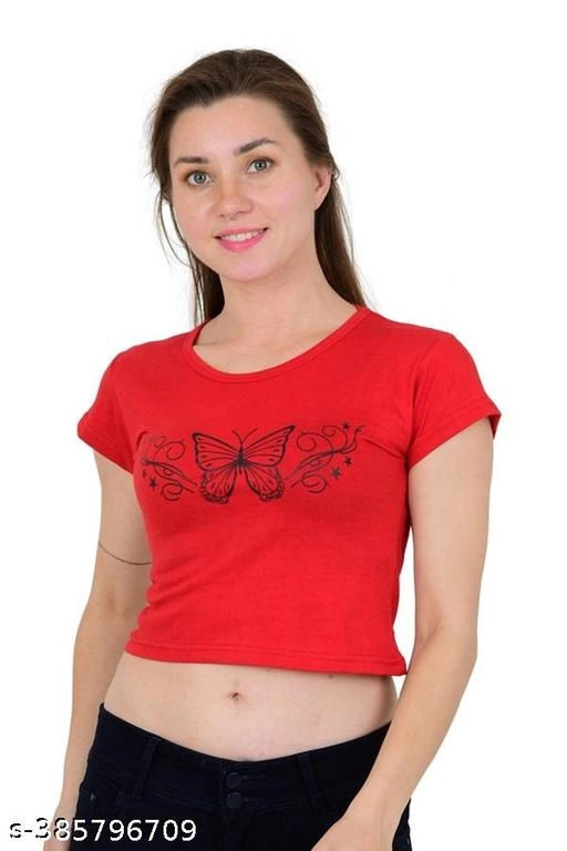 Cotton Printed Top for Women (Red, S)