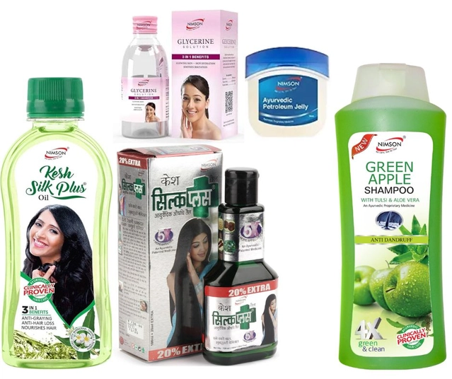 Combo of Nimson Kesh Silk Plus Herbal Hair Oil (450 ml), Kesh Silk Plus Ayurvedic Hair Oil (120 ml), Green Apple Shampoo (500 ml), Glycerine (50 g) & Petroleum Jelly (42 ml) (Set of 5)