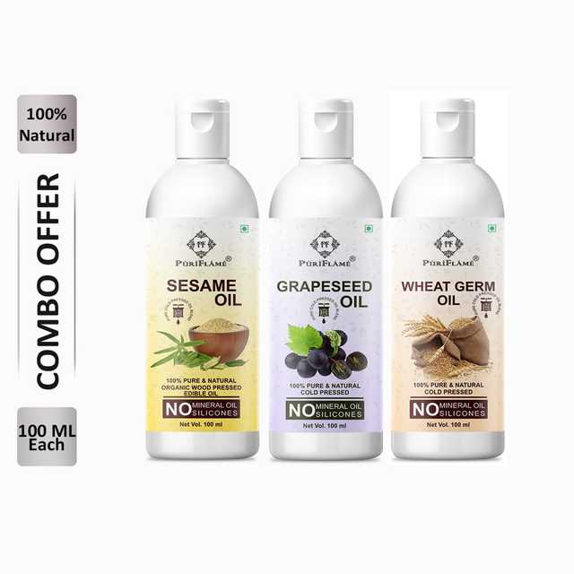 PuriFlame Pure Sesame Oil (100 ml) & Grapeseed Oil (100 ml) & Wheat Germ Oil (100 ml) Combo For Rapid Hair Growth (Pack Of 3) (B-7559)