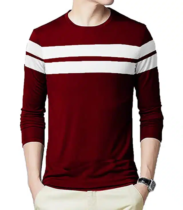 Full Sleeves Color Blocked T-shirt for Men (Maroon, S)