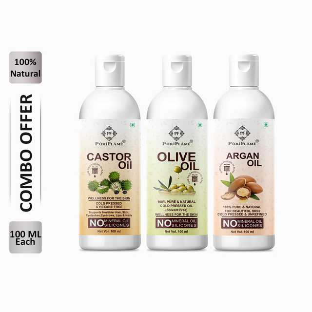 PuriFlame Pure Castor Oil (100 ml) & Olive Oil (100 ml) & Argan Oil (100 ml) Combo For Rapid Hair Growth (Pack Of 3) (B-3512)