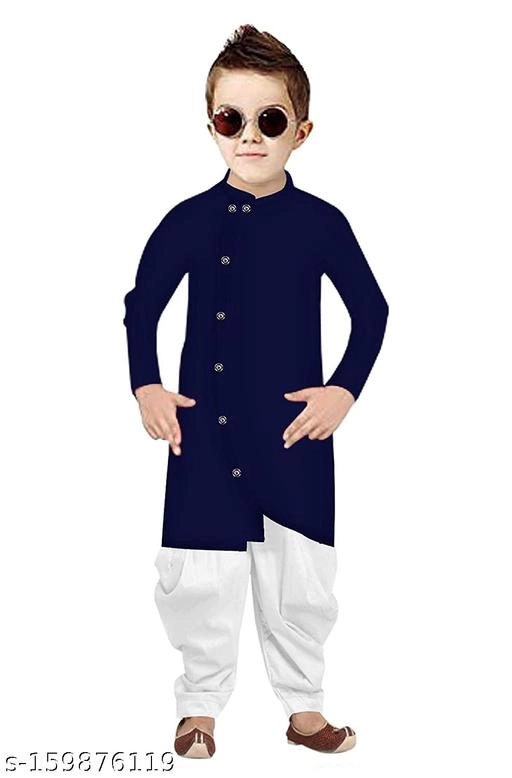 Cotton Solid Kurta with Pyjama for Boys (2-3 Years, Navy Blue & White)