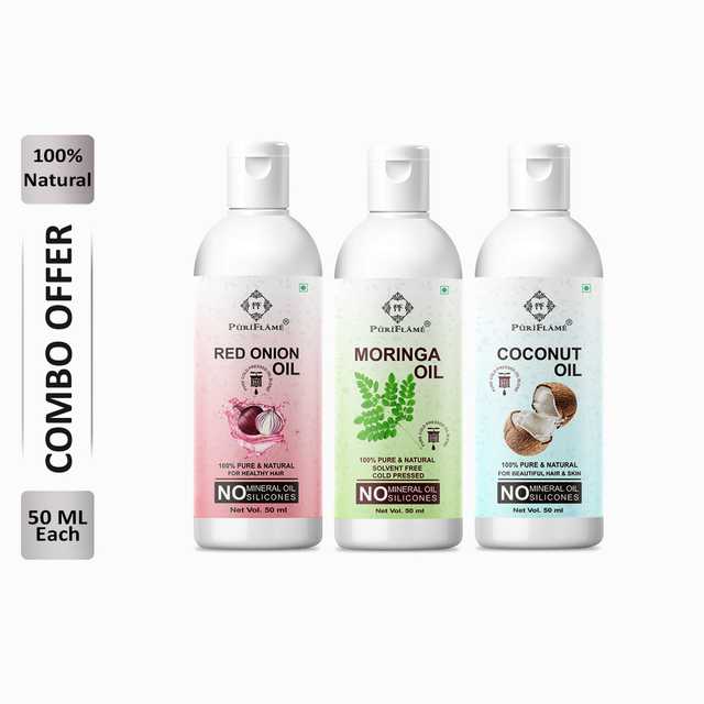 Puriflame Pure Red Onion Oil (50 ml), Moringa Oil (50 ml) & Coconut Oil (50 ml) Combo for Rapid Hair Growth (Pack Of 3) (B-13071)