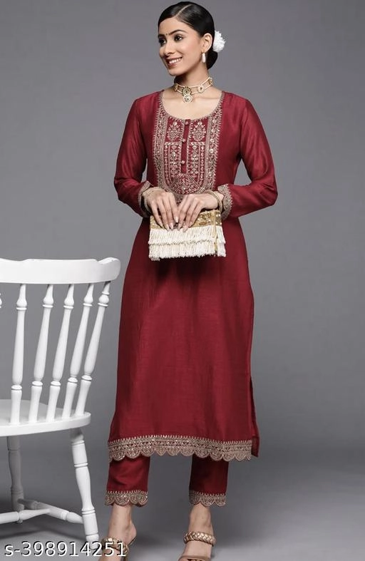 Silk Blend Embroidered Kurti for Women (Maroon, XS)