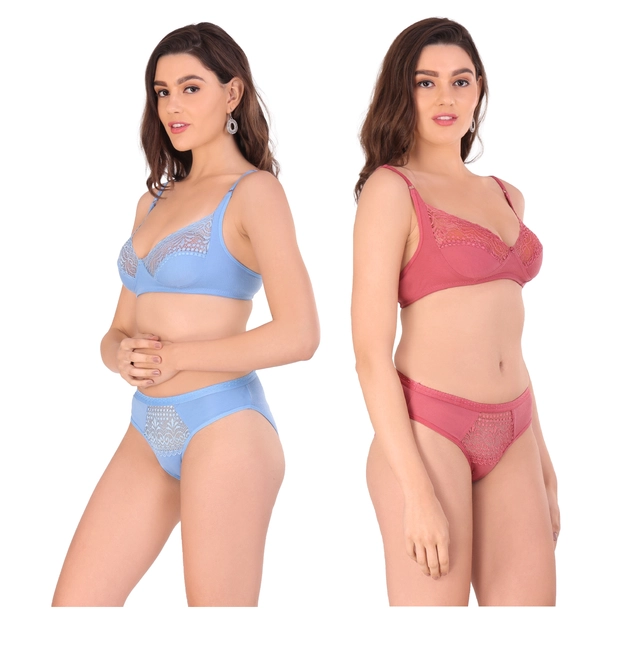 Cotton Blend Solid Non Padded Lingerie Set for Women (Multicolor, 30) (Pack of 2)