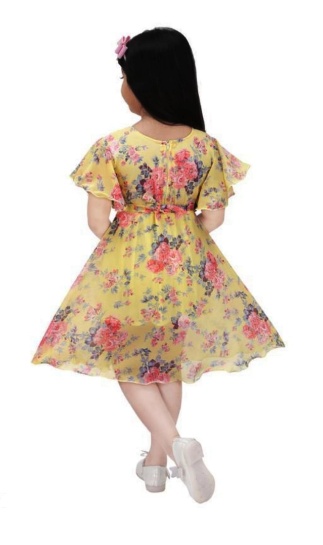 Georgette Printed Frock for Girls (Yellow & Pink, 3-4 Years)