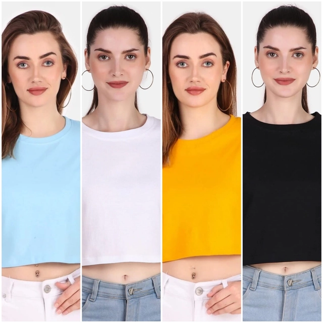 Round Neck Printed Crop T-Shirts for Women & Girls (Multicolor, S) (Pack of 4)