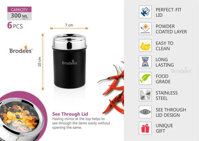 Stainless Steel Top See Thru Spice Container Steel Utility Container (300 ml) (Pack of 6, Black) (A-43)