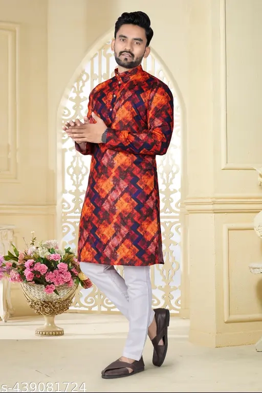 Cotton Ethnic Motif Kurta for Men (Multicolor, S)