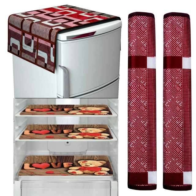 1 Pc Fridge Cover for Top with 6 Pockets, 2 Handle Cover, 3 Fridge Mats (Set of 6, 21X39 inch) (A-494)