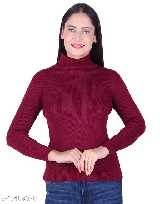 Hi-Neck Sweater for Women (Wine, M)