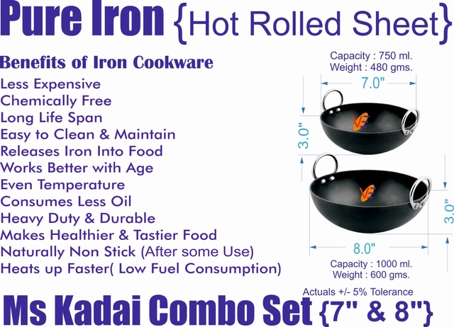 Iron Non Coated Kadhai (Black, 0.75 L & 1 L) (Set of 2)