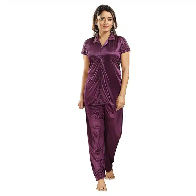 Satin T-Shirt with Trouser Nightsuit Set for Women (Purple, M)